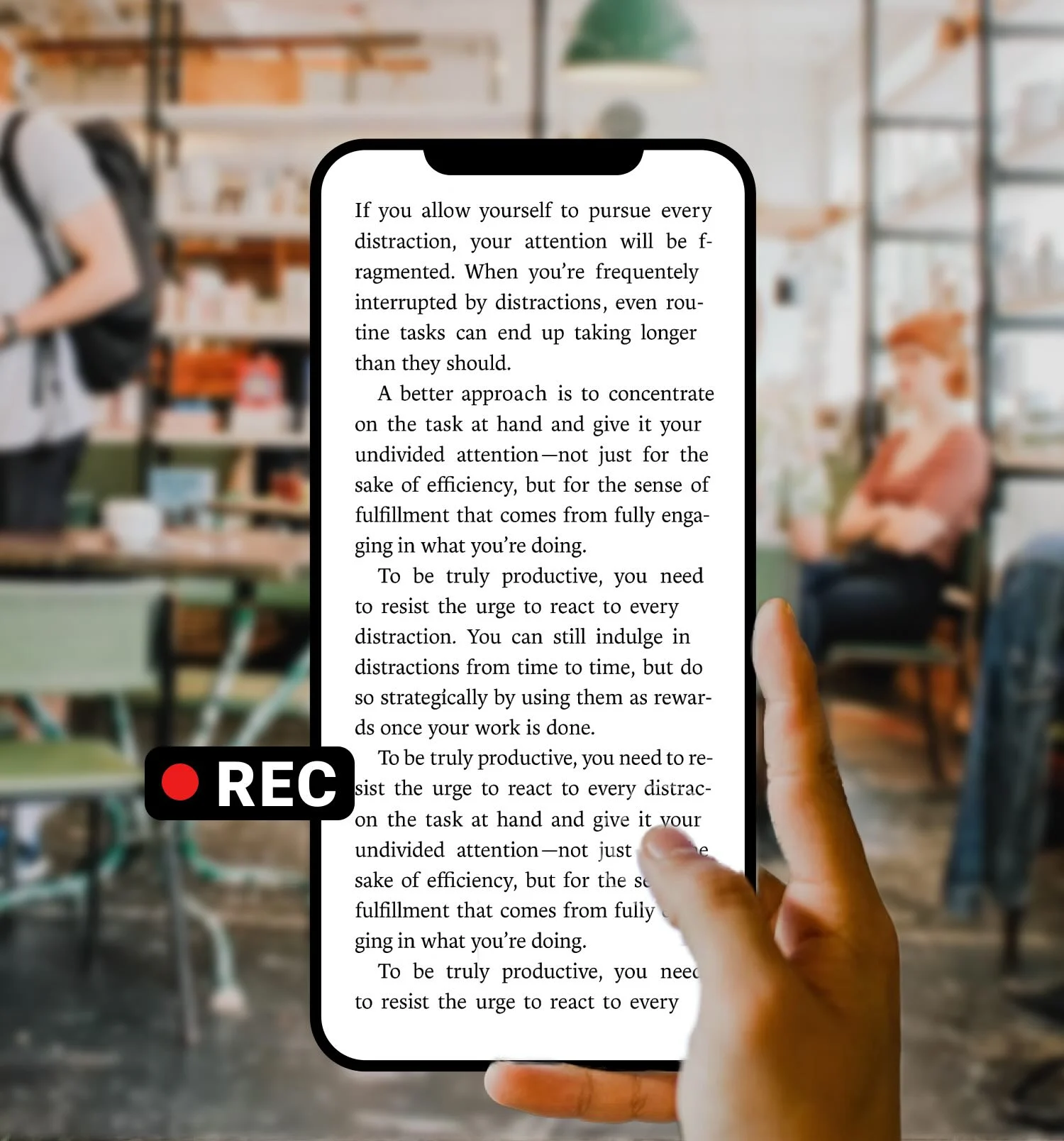 Dark Cam app showing an ebook page as a cover image while it records in a café
